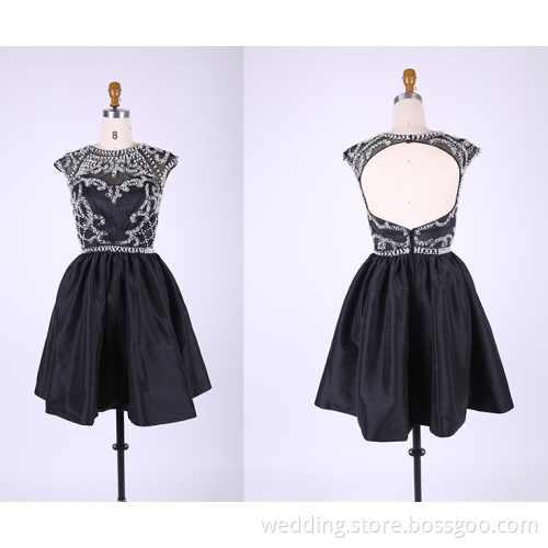 Black Satin Beading Short Evening Dresses 2015 Prom gown